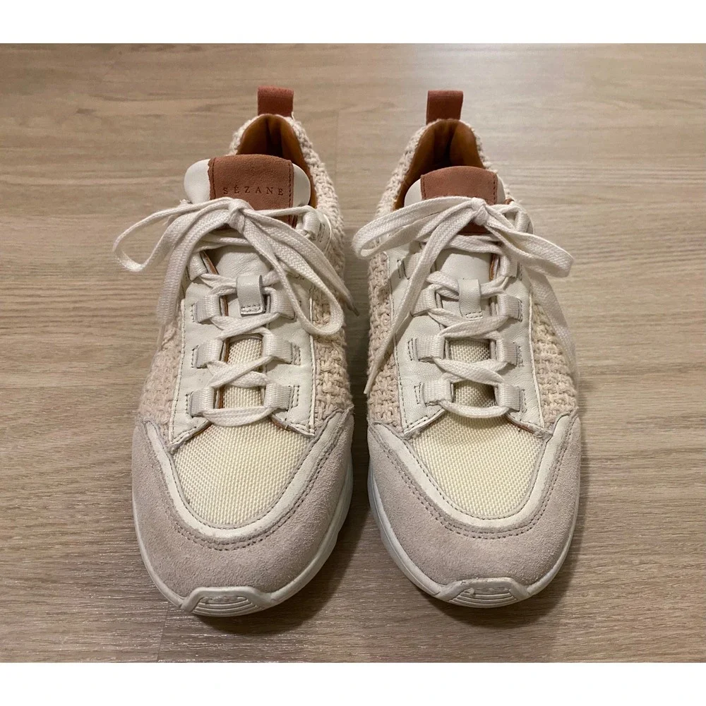 Sezane Sama‎ Sneakers 40 US 9 Ecru Multi Woven Crochet Suede Shoes Preppy Boho